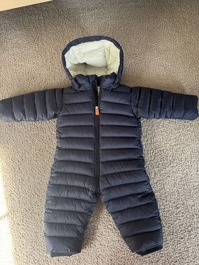SAVE THE DUCK Kids Navy Puffer One-Piece with Cream Hood Lining